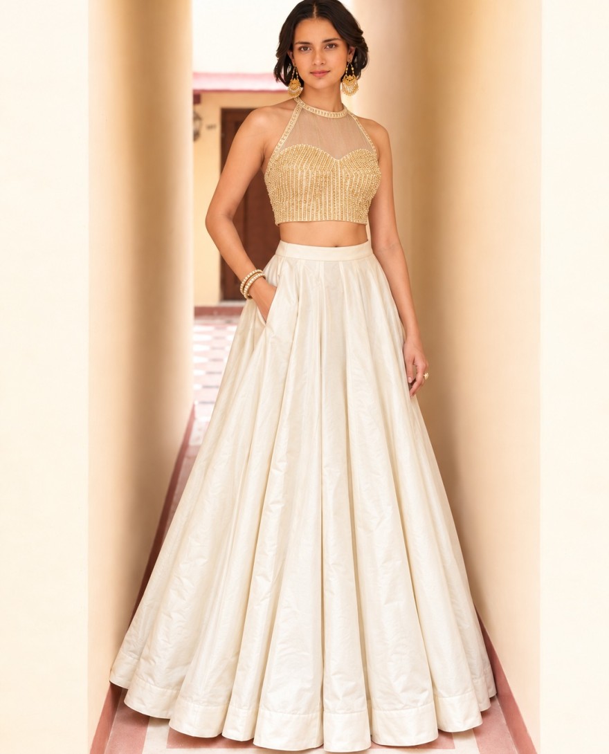 9028 - Silk Designer Lehenga Choli in Off White